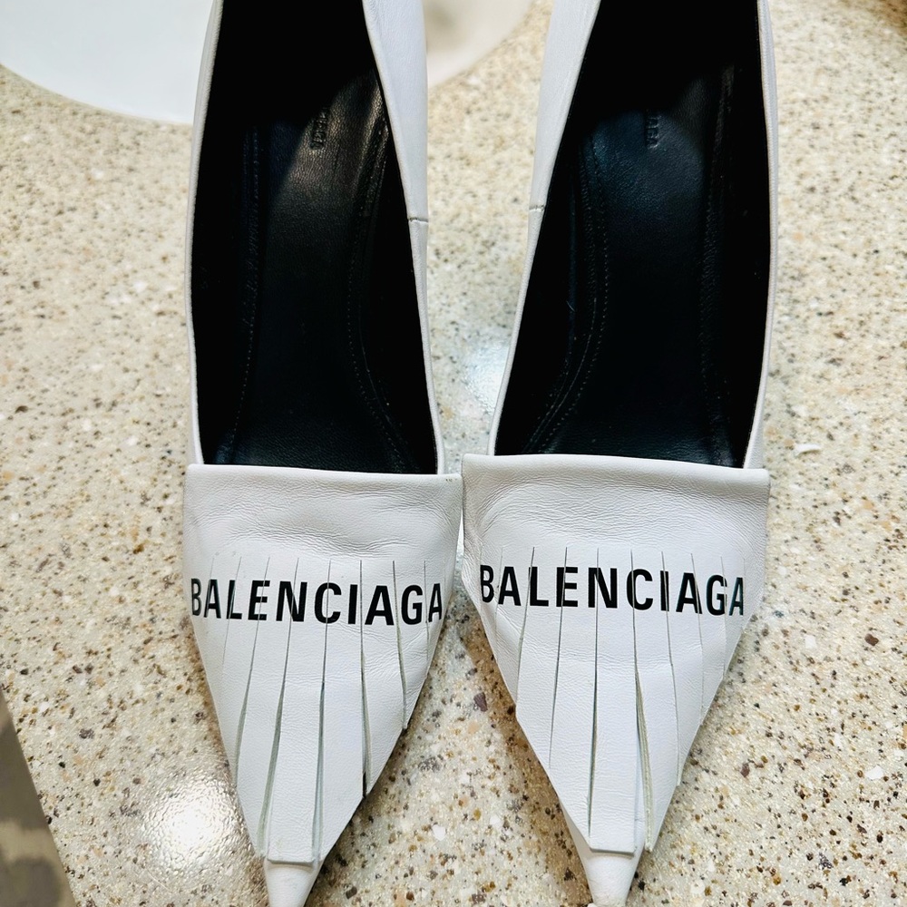 Balenciaga White Heels with Unique Design and Pointed Toe